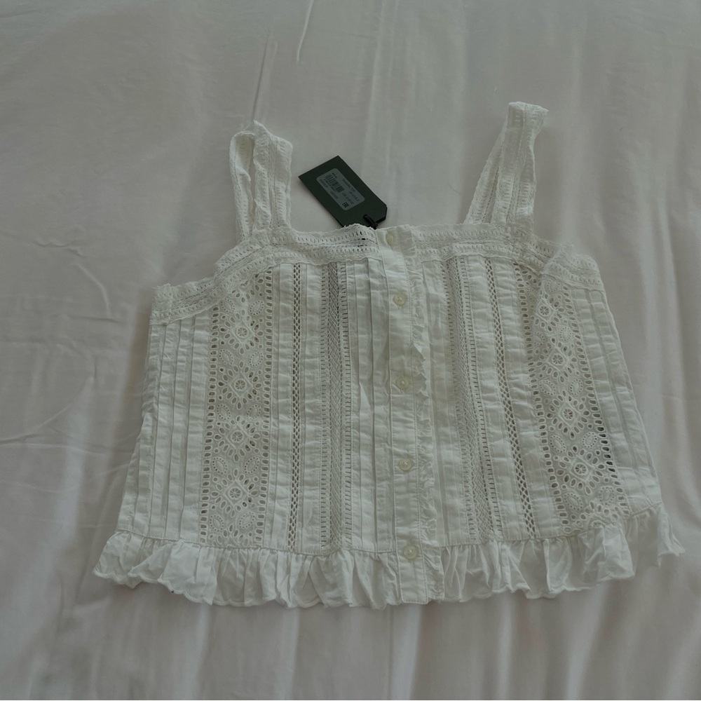 All Saints White Smocked Ruffled Crop Tank Top